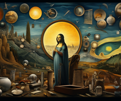 mona lisa figure standing in front of art relics