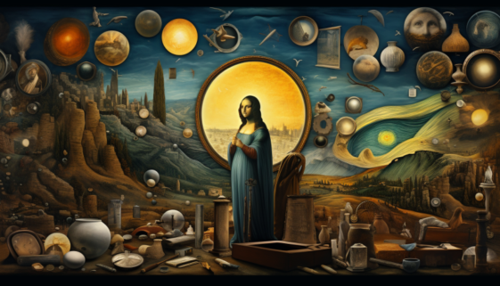 mona lisa figure standing in front of art relics