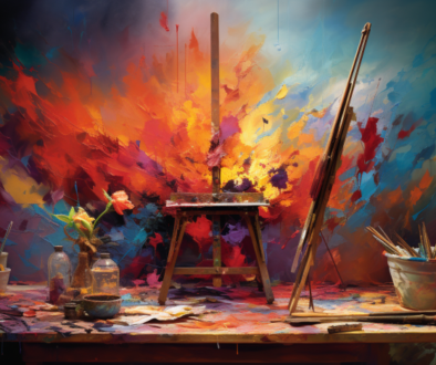 paint easels and brushes in bucket