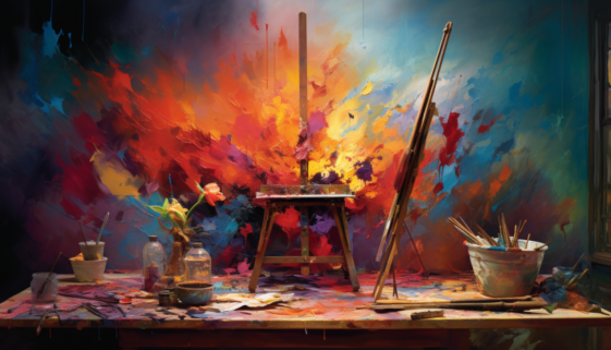 paint easels and brushes in bucket
