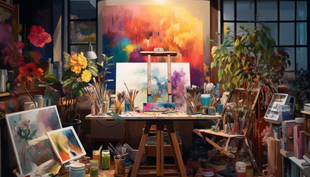 art studio with easel on art table and paintings and paintbrushes