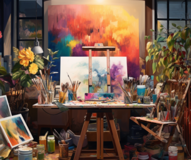 art studio with easel on art table and paintings and paintbrushes