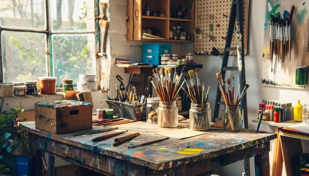 room with paint brushes, paints, papers