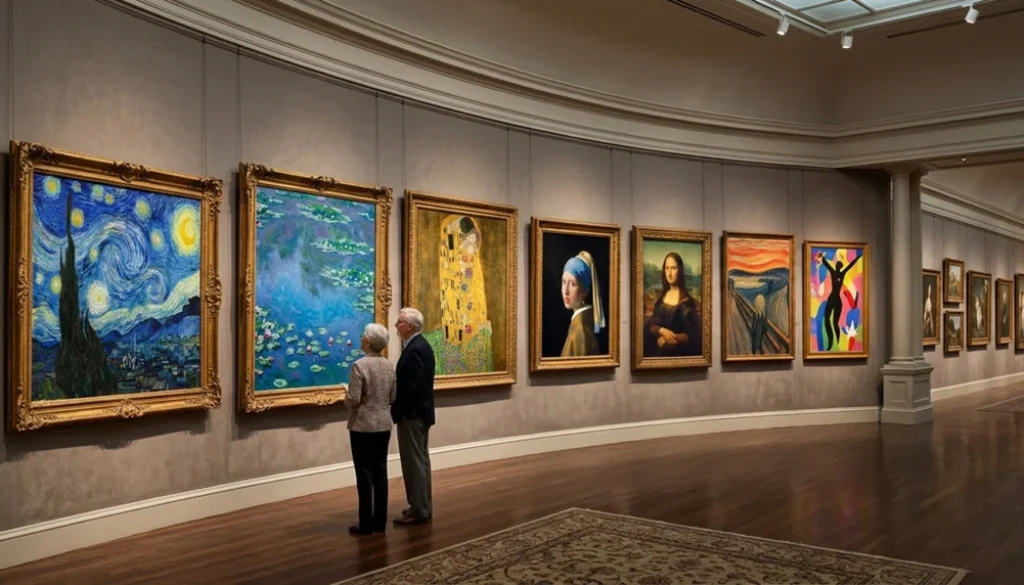 older couple looking at renowned artists paintings in museum