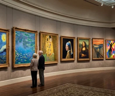 older couple looking at renowned artists paintings in museum
