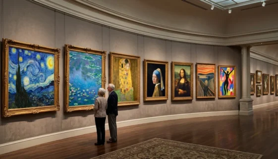 older couple looking at renowned artists paintings in museum